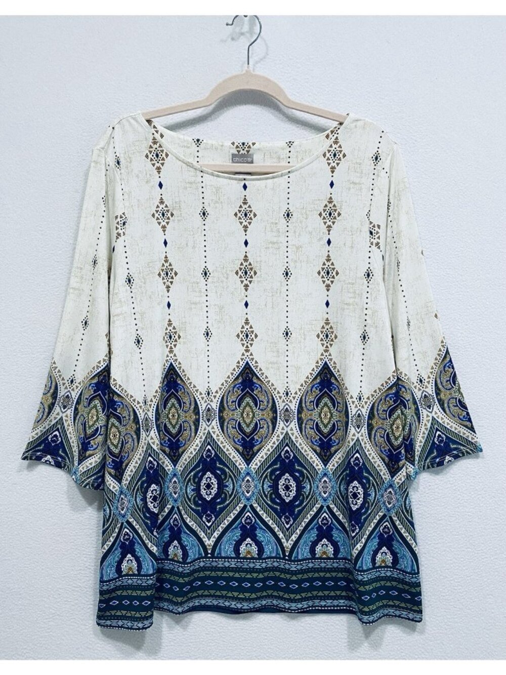 Chicos Top Womens Large Ivory Moroccan Lantern Print Jersey Tunic Boho Peasant